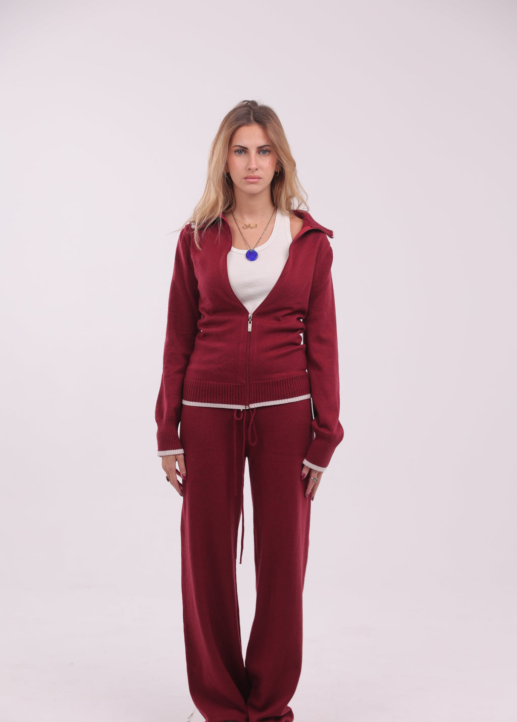 Two Tone Knit Zip Up in Burgundy