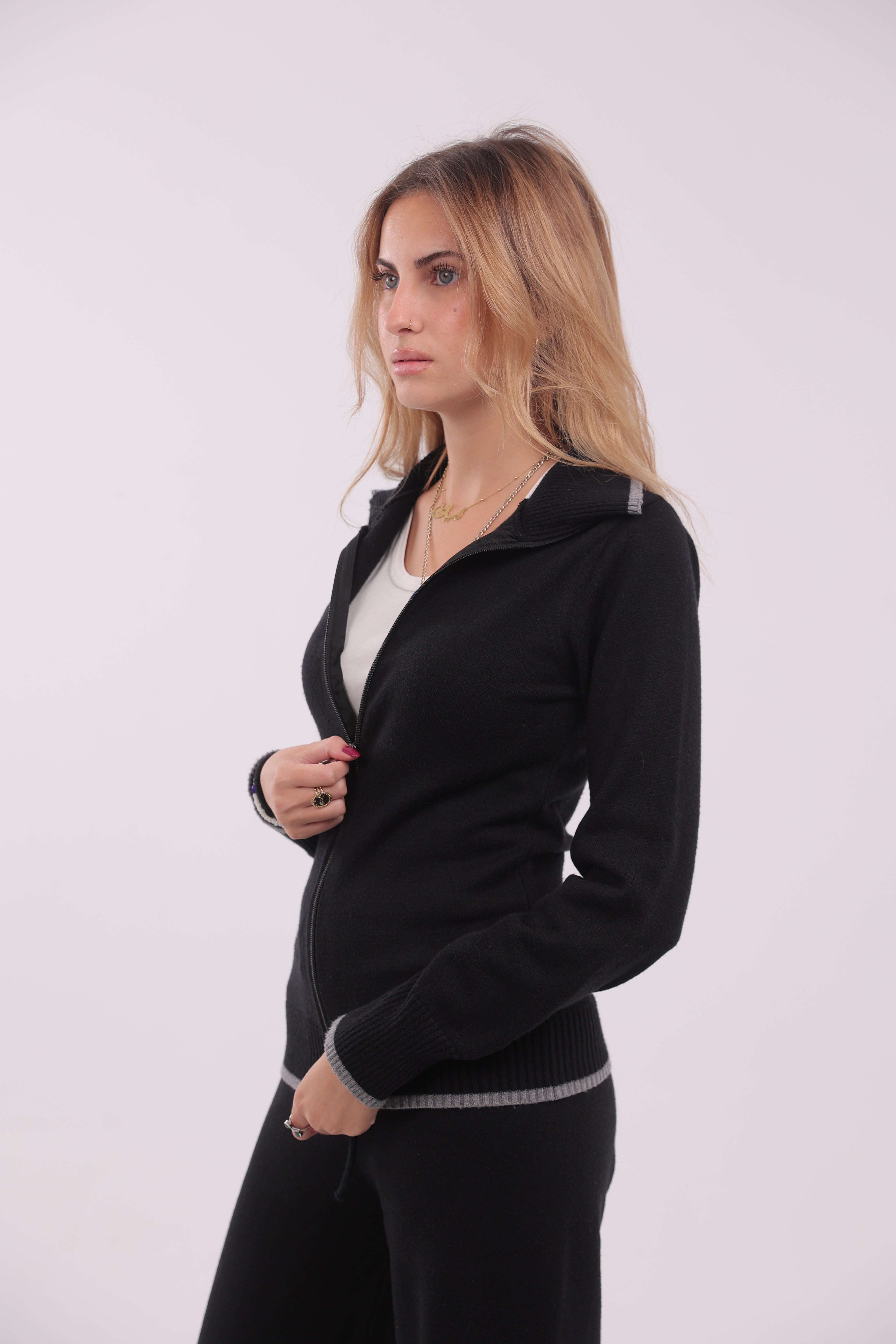 Two Tone Knit Zip Up in Black