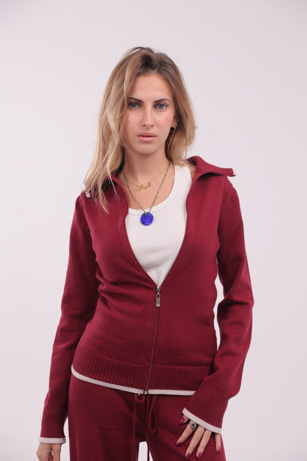 Two Tone Knit Zip Up in Burgundy